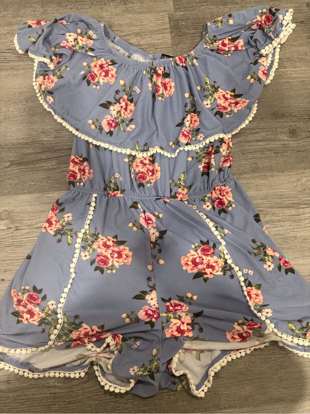 Girls Blue Floral Off-Shoulder Romper with Pom Trim